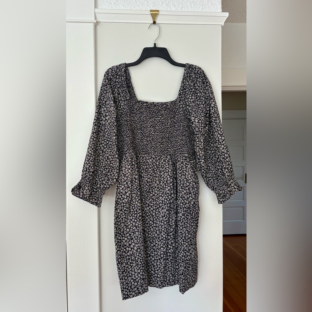 Madewell Black Floral Square-Neck Long Sleeve Dress